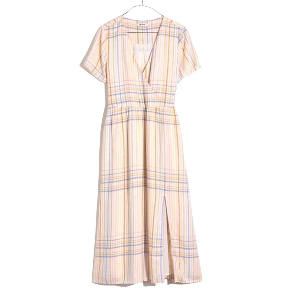 Madewell Cream Plaid Midi Dress with Pastel Stripes